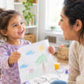 Preschool girl proudly showing her drawing to her mother
